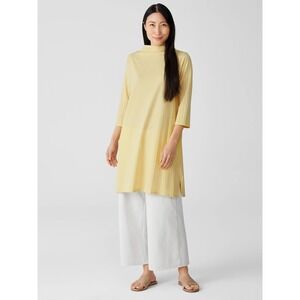 Eileen Fisher Ribbed Mock Neck Tunic Top Yellow 3/4 Sleeve XXS TTP